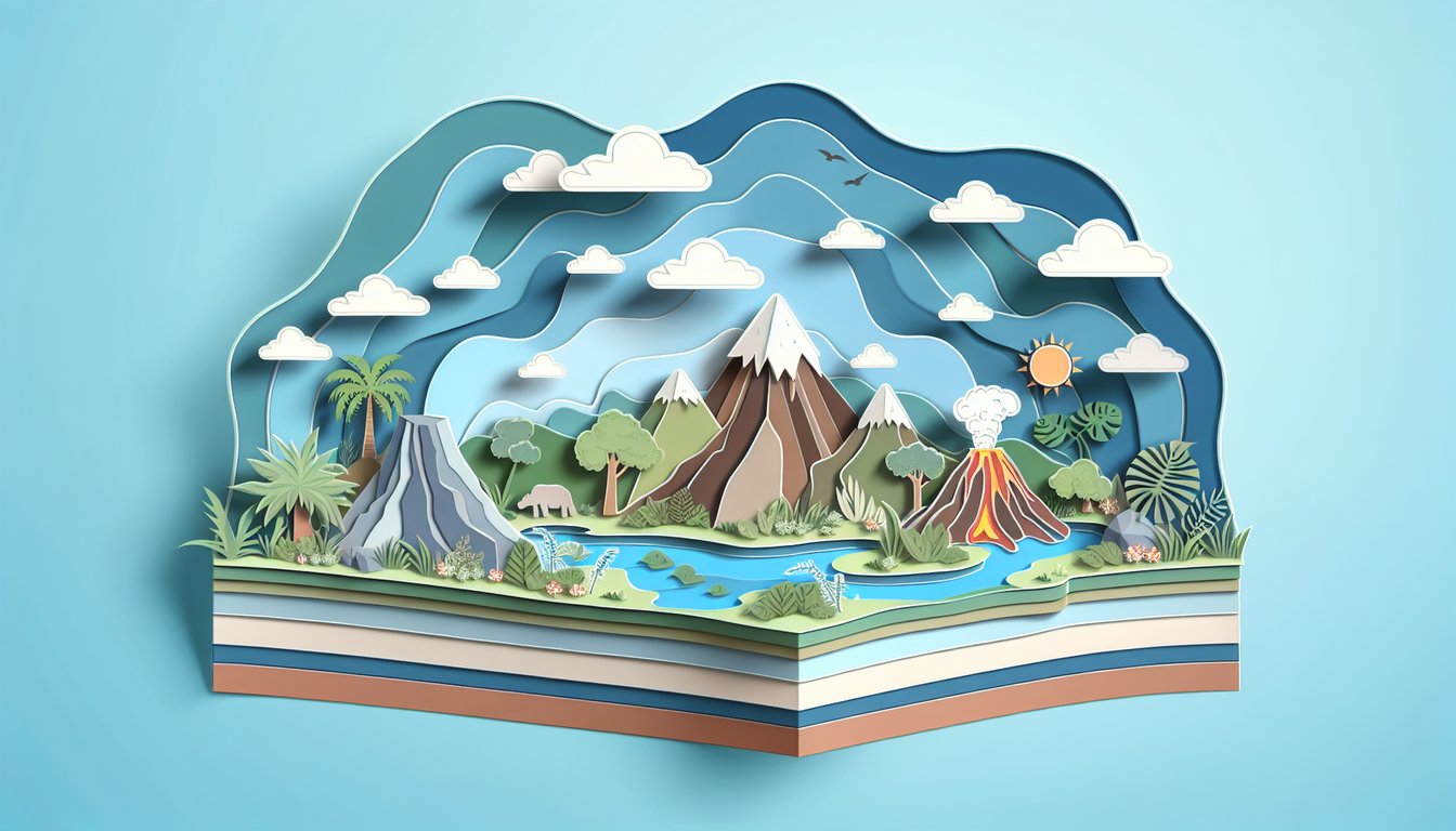 Paper art illustration with mountains trees water drop geologic layers on sky blue background for environmental geology quiz