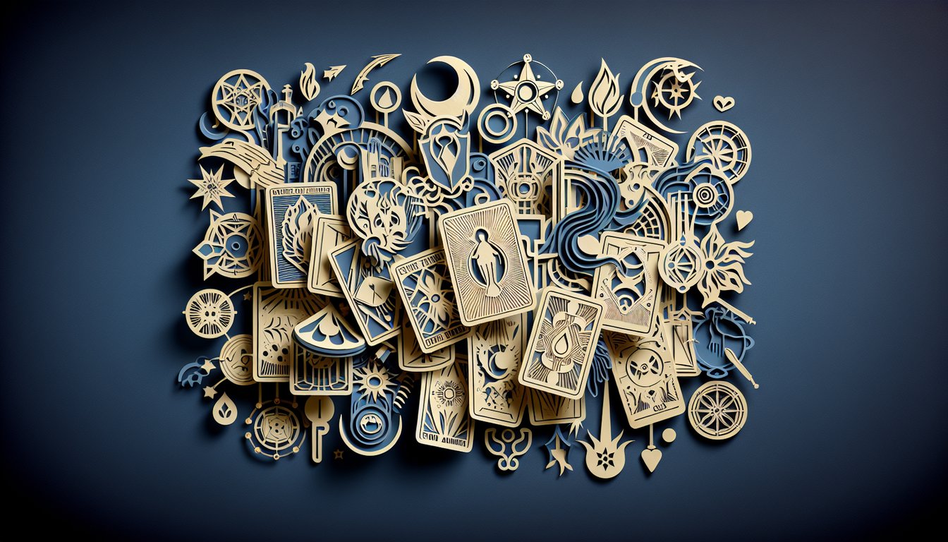 Paper art illustration of golden tarot major arcana cards over dark blue background, symbols invite quiz challenge