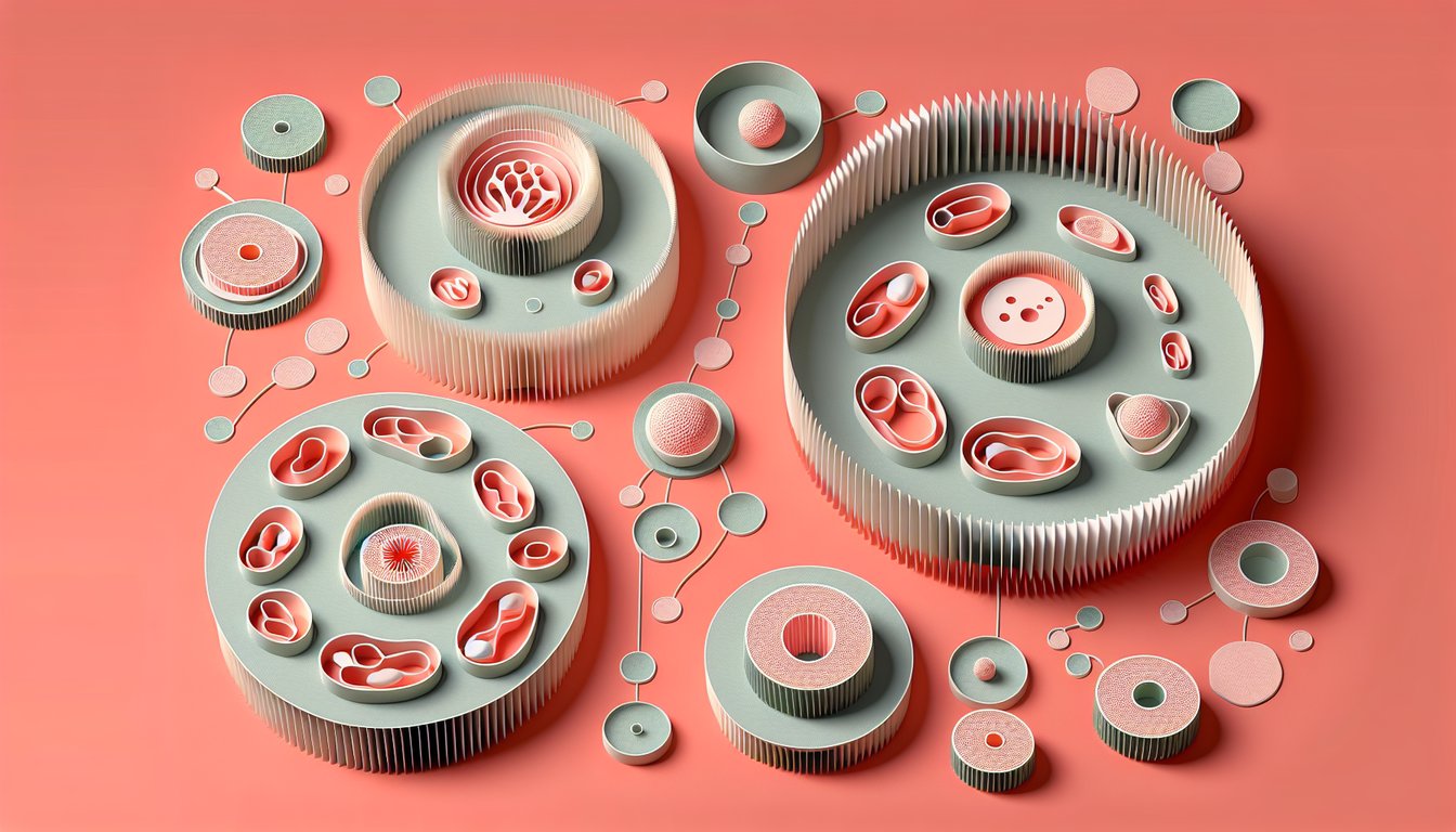 Paper art depiction of cell cycle phases with interphase mitosis cytokinesis icons on coral background quiz