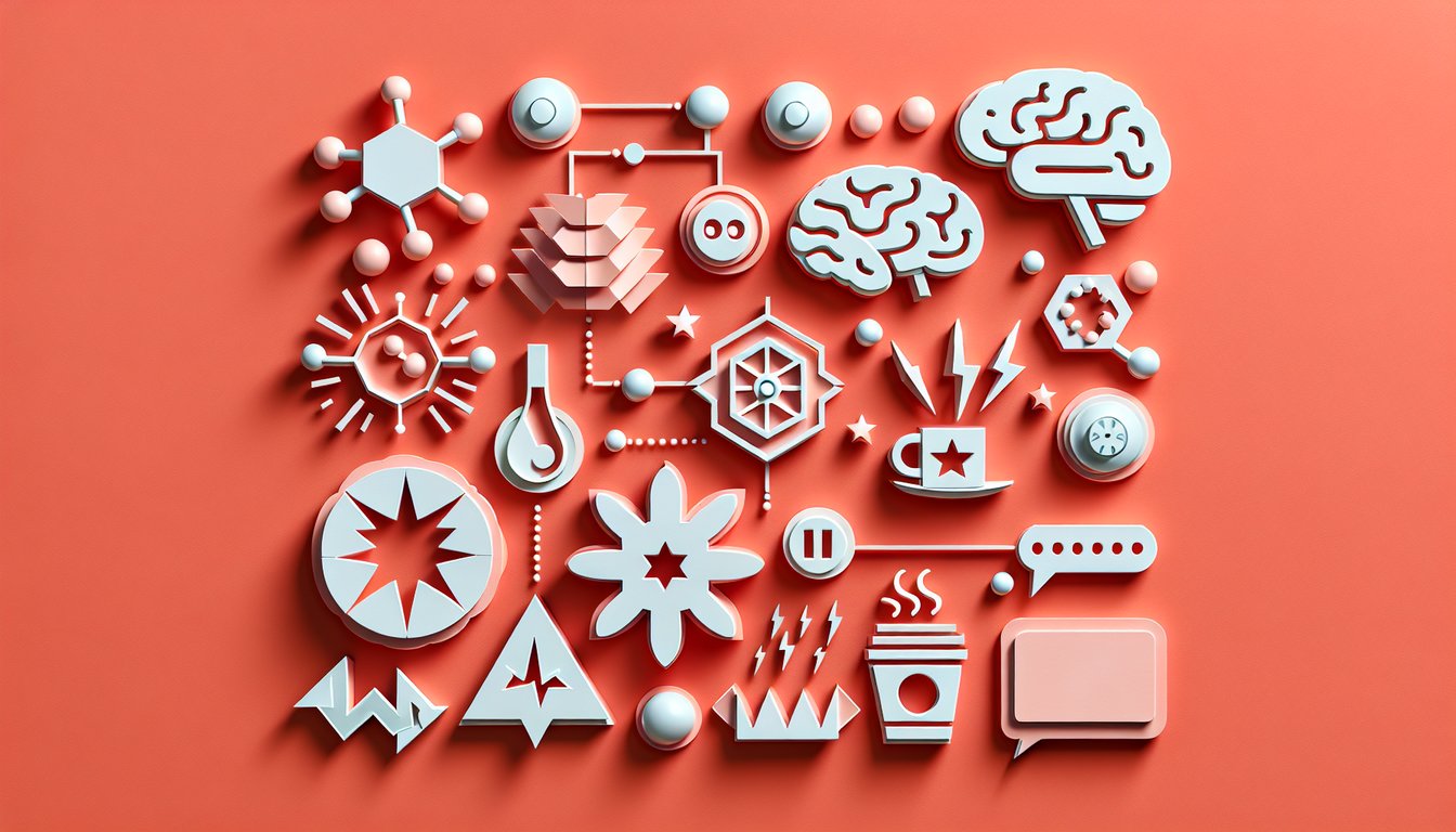 Paper art illustration coral background quiz central nervous system stimulants brain capsules pill icons question mark