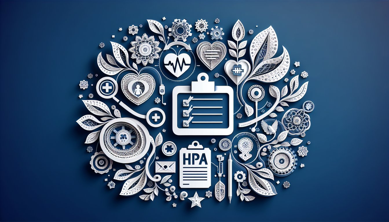 Colorful paper art depicting a HIPAA Compliance Knowledge Test quiz scene.