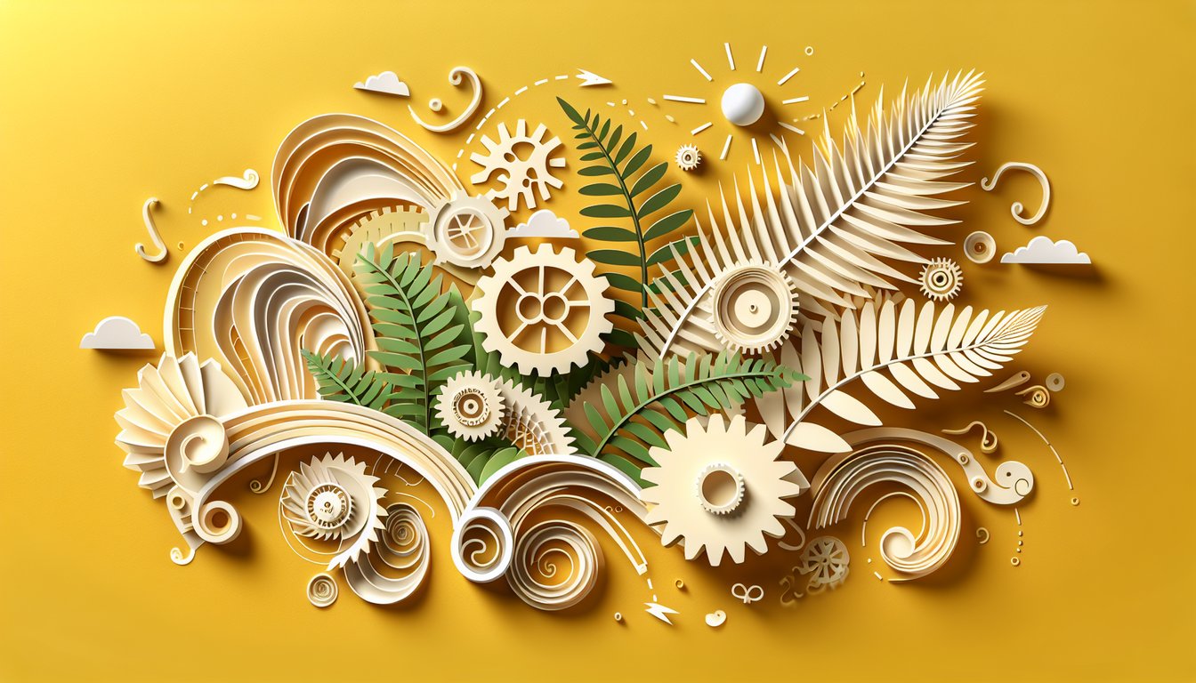 Paper art illustration playful swirling shapes vibrant faces question marks on golden yellow background for crazy quiz