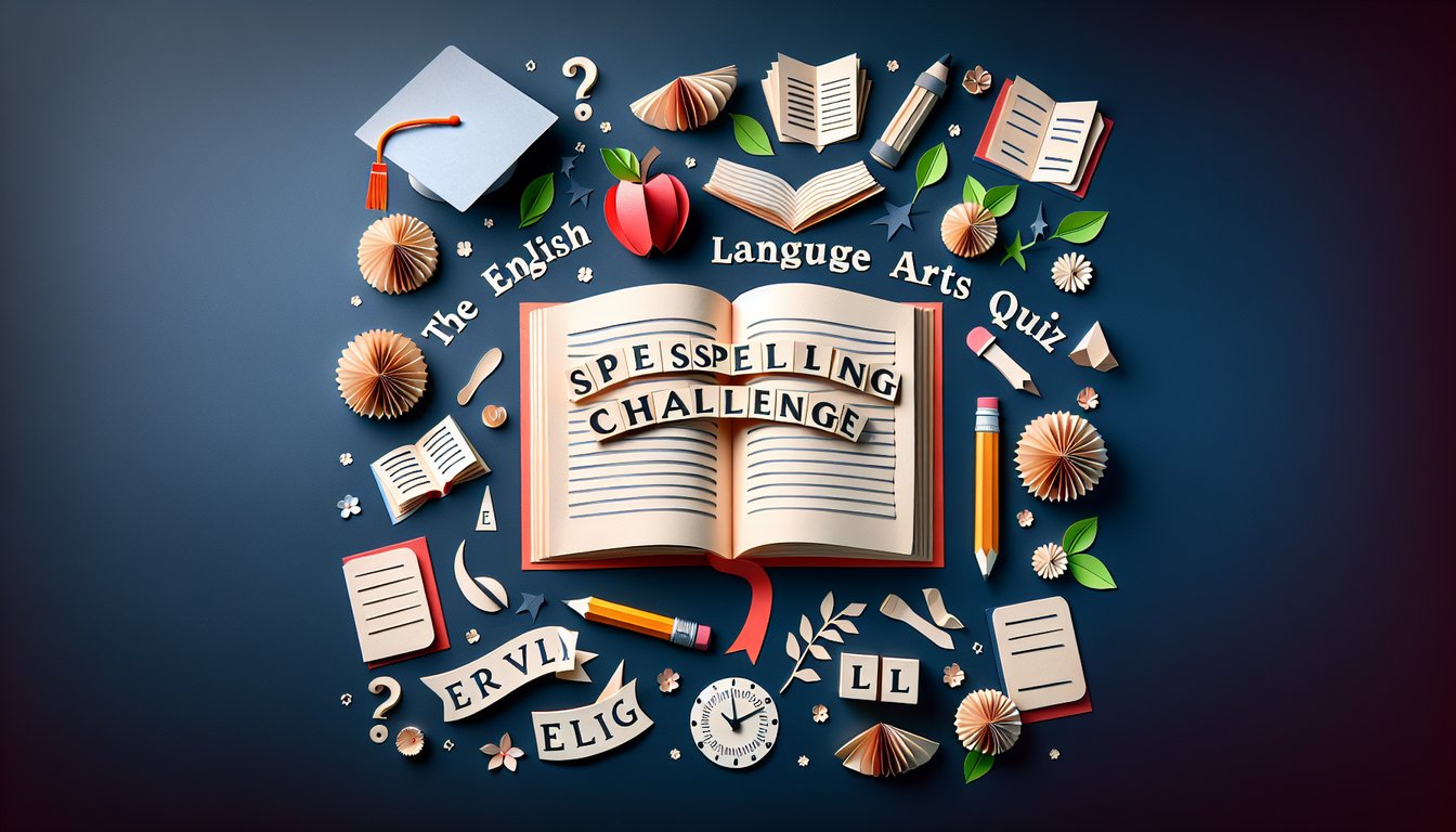 Colorful paper art promoting The Divine Spelling Challenge, an engaging ELA quiz for middle schoolers.