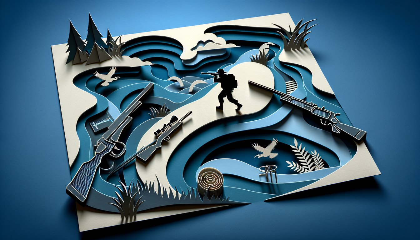 Paper art illustration for The Most Dangerous Game quiz on a dark blue background