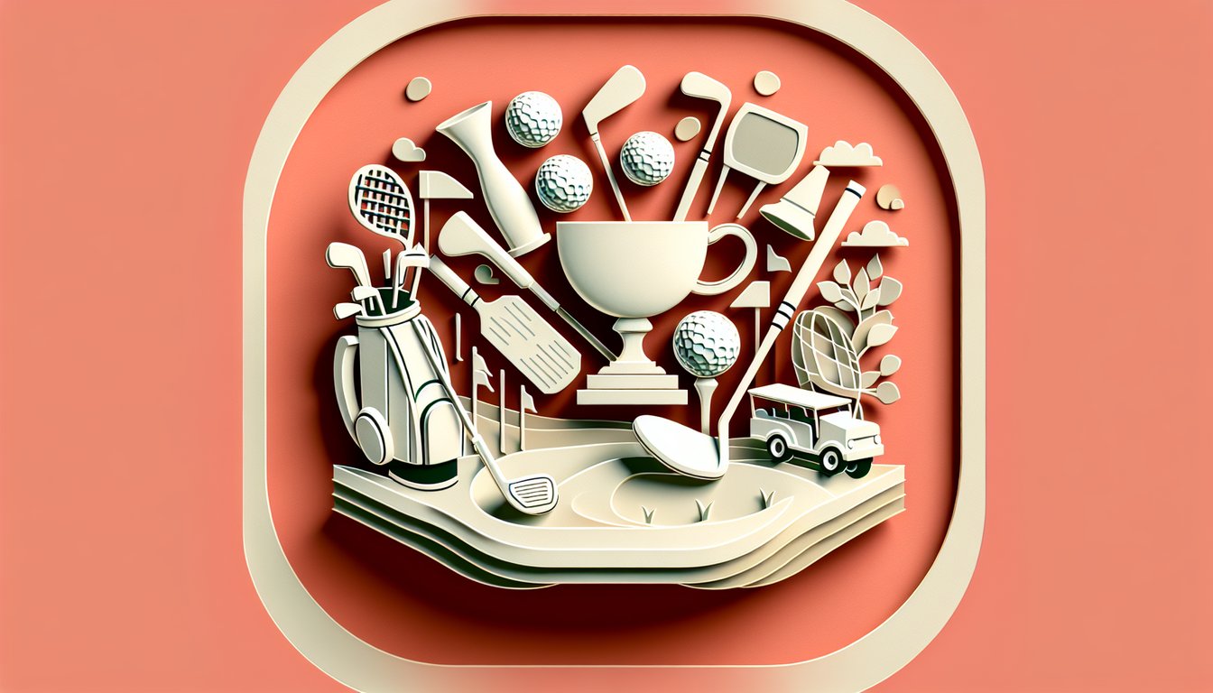 paper art quiz banner for British Open golf with golfer swinging club on fairway and clubhouse flag on coral background