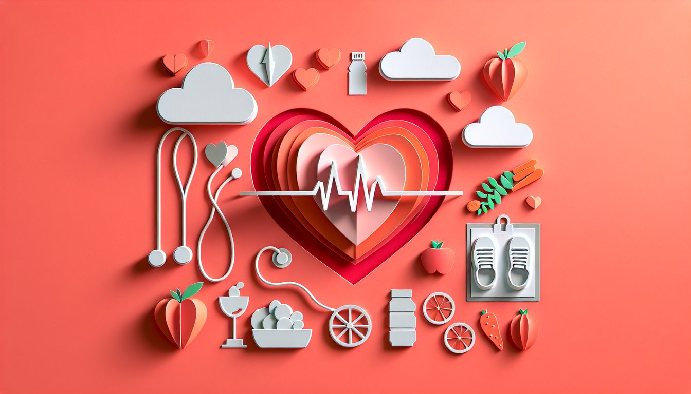 paper art quiz scene with heart shape stethoscope checklist on coral background