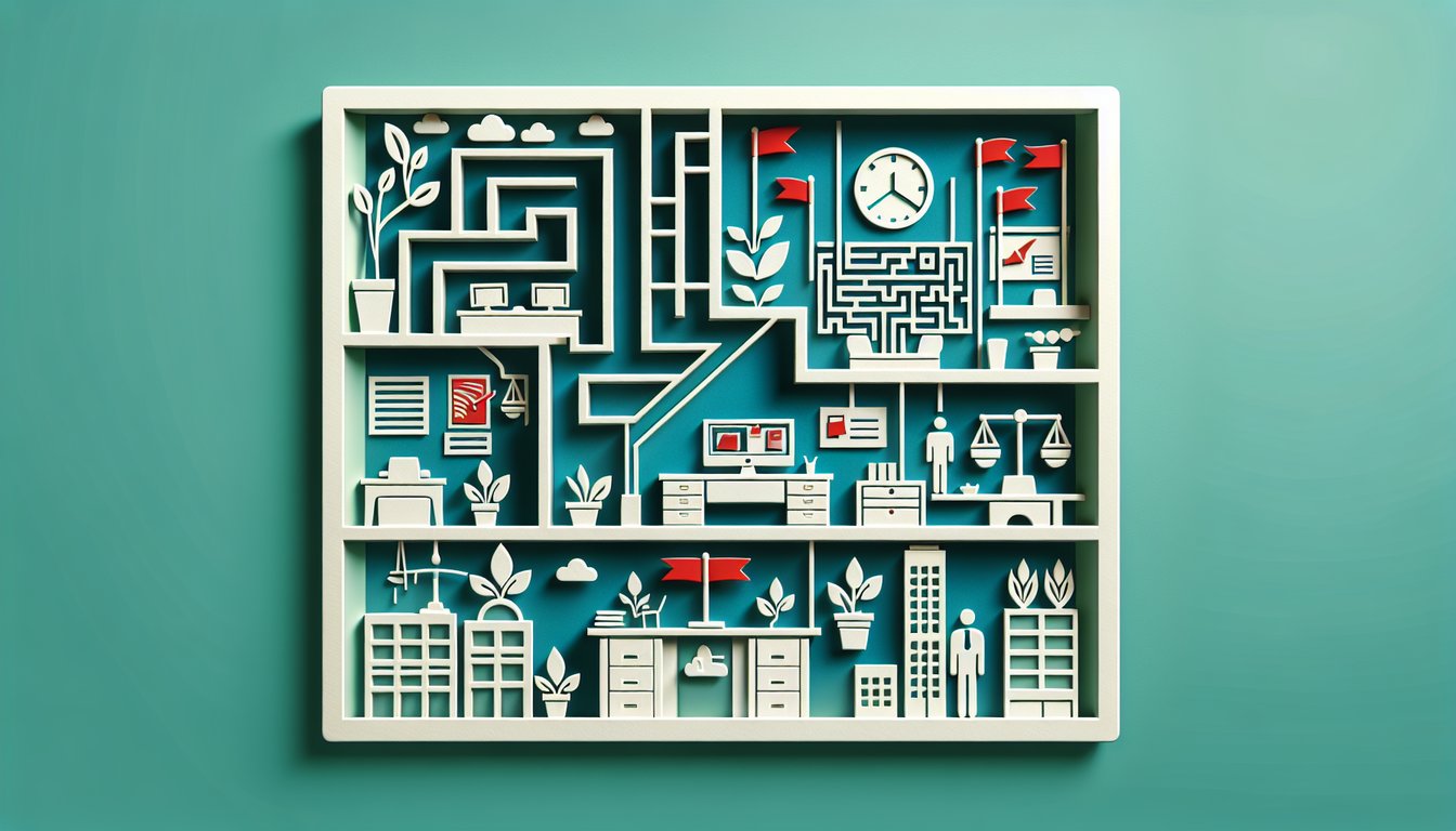 Paper art illustration of office workers with warning icons red flags on teal background for toxic work environment quiz