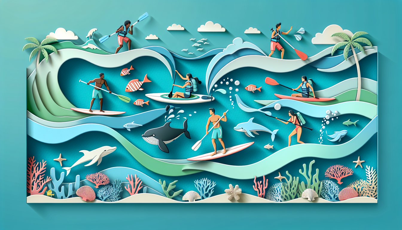 Paper art waves surfboard kayak snorkel mask fins life jacket compass on teal background promoting water quiz