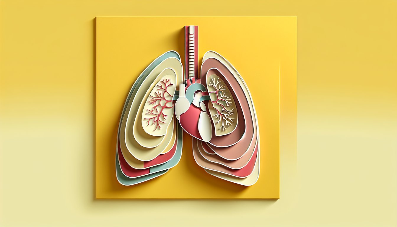 Paper cut art showing pleura pericardium layers lungs heart and ribs on golden yellow background for anatomy quiz