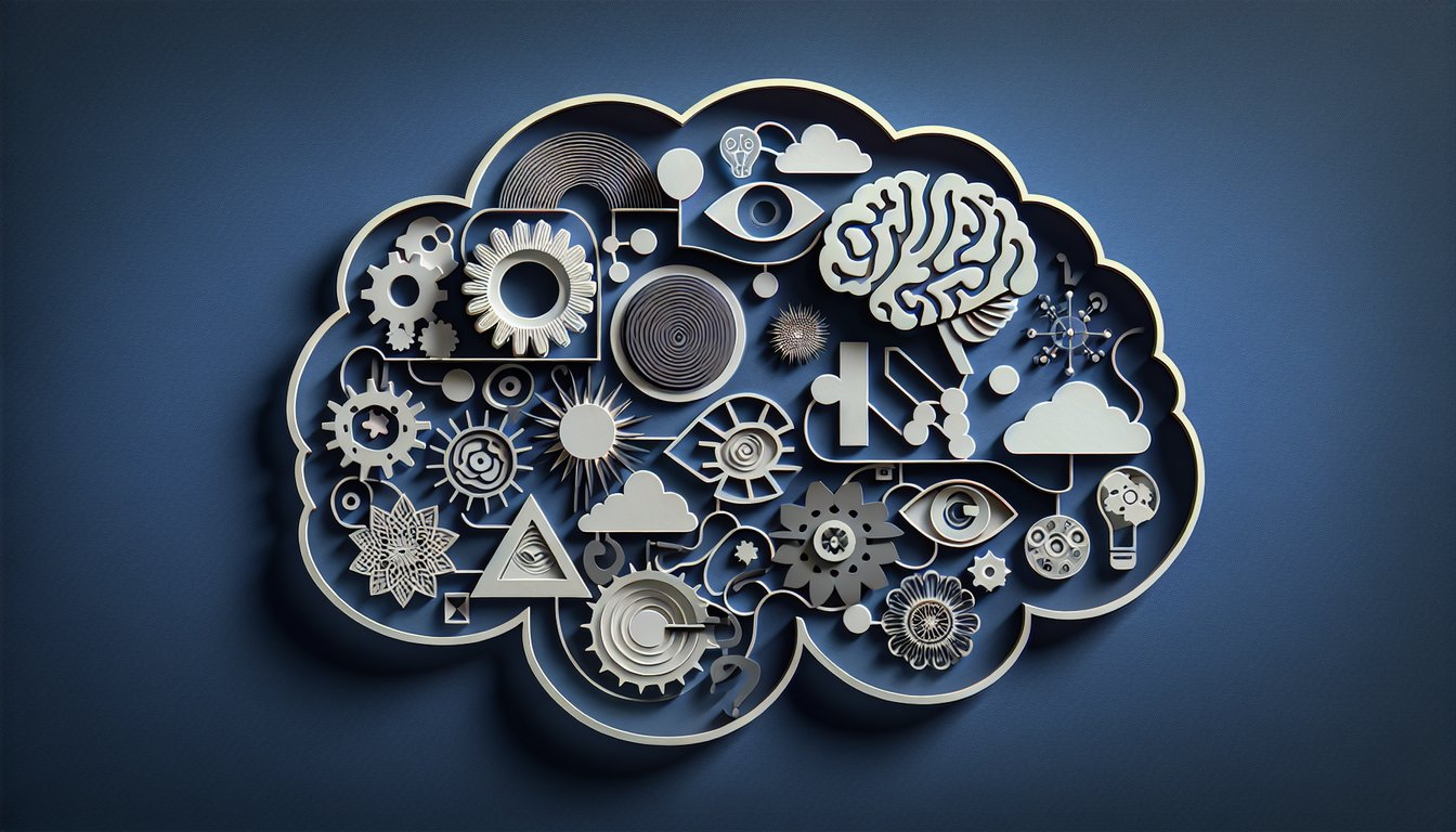 Paper art style brain layers on dark blue backdrop with gears question marks test icons for cognitive size quiz