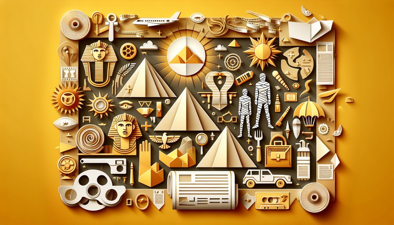 Paper art illustration for The Mummy trivia quiz on a golden yellow background