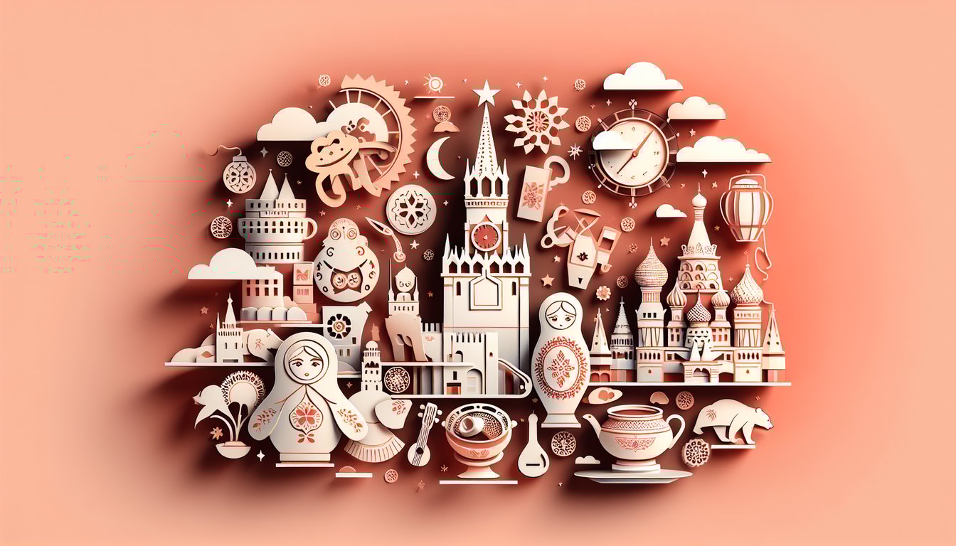 Paper art illustration for a Russianness test quiz on a coral background