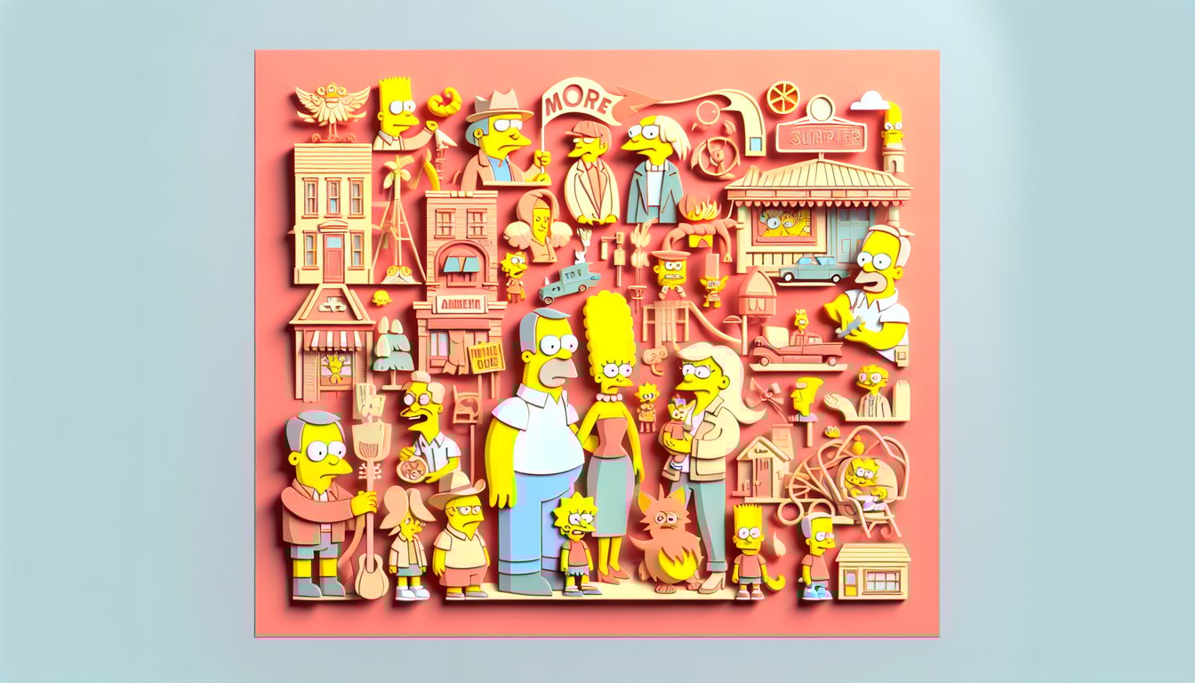 Paper art Simpsons trivia quiz on coral background with character silhouettes and question marks