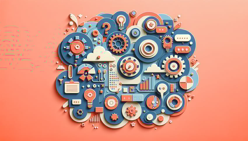 Paper art illustration showing quiz elements clip art word art icons question marks score tracker on coral background