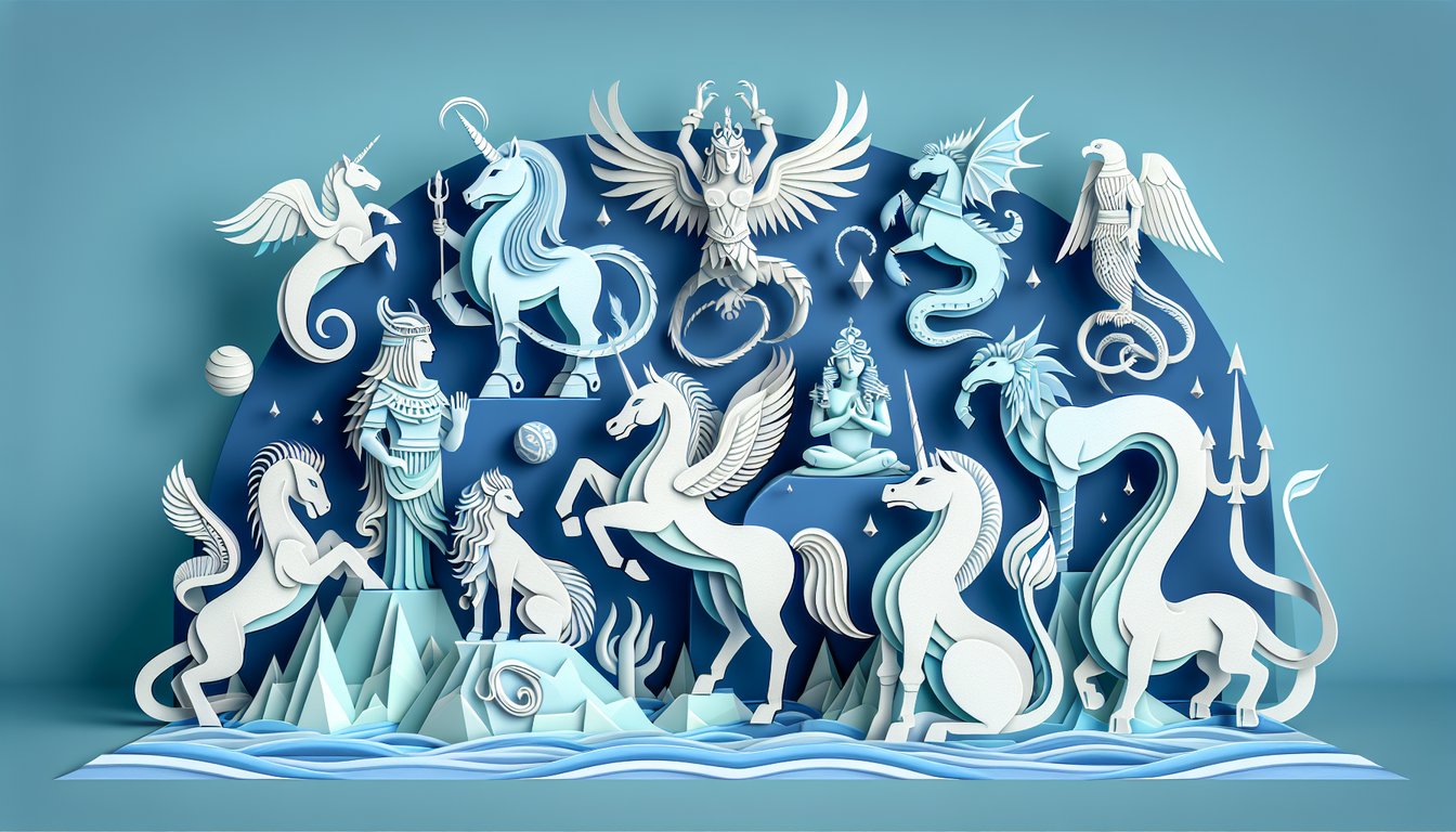 Paper art dragon unicorn phoenix and mermaid surround What Myth Are You quiz title on sky blue background