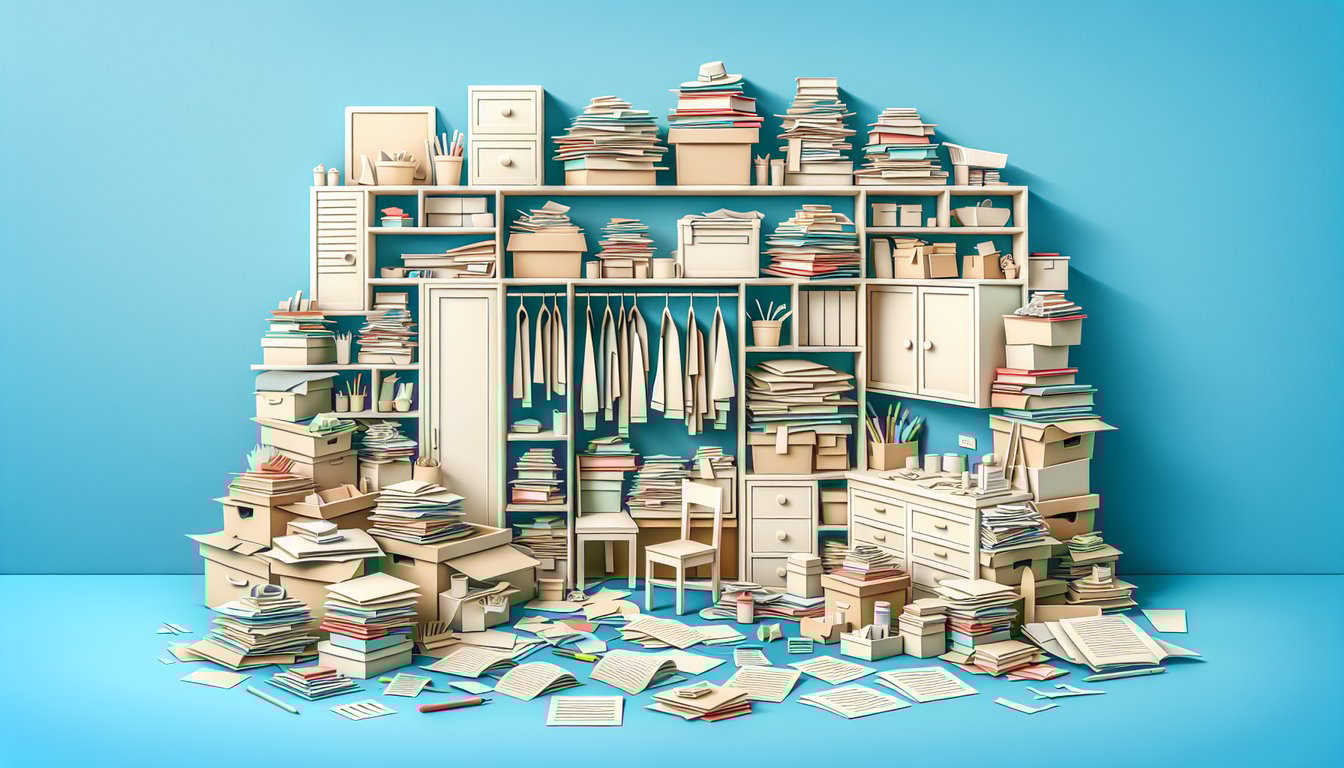 Paper art illustration for hoarder test quiz on sky blue background