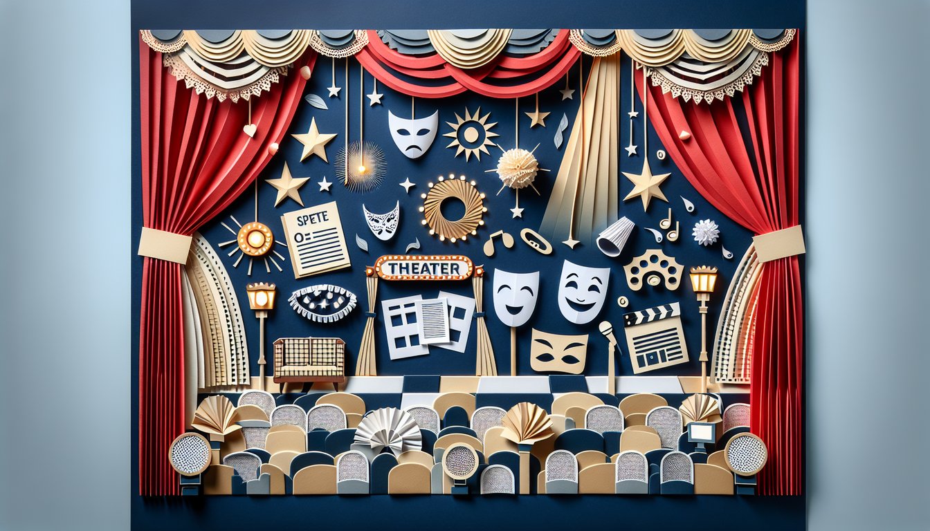 Colorful paper art depicting various elements of theater for a knowledge quiz