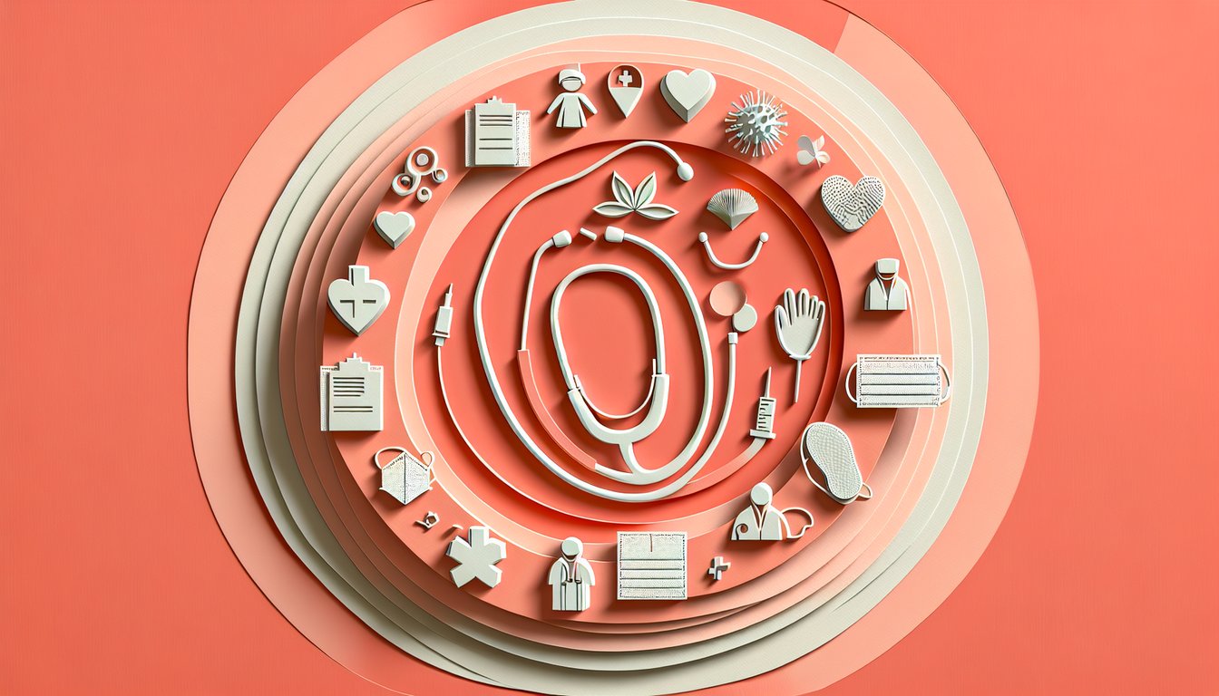 Paper art illustration for a nursing specialty quiz on a coral background