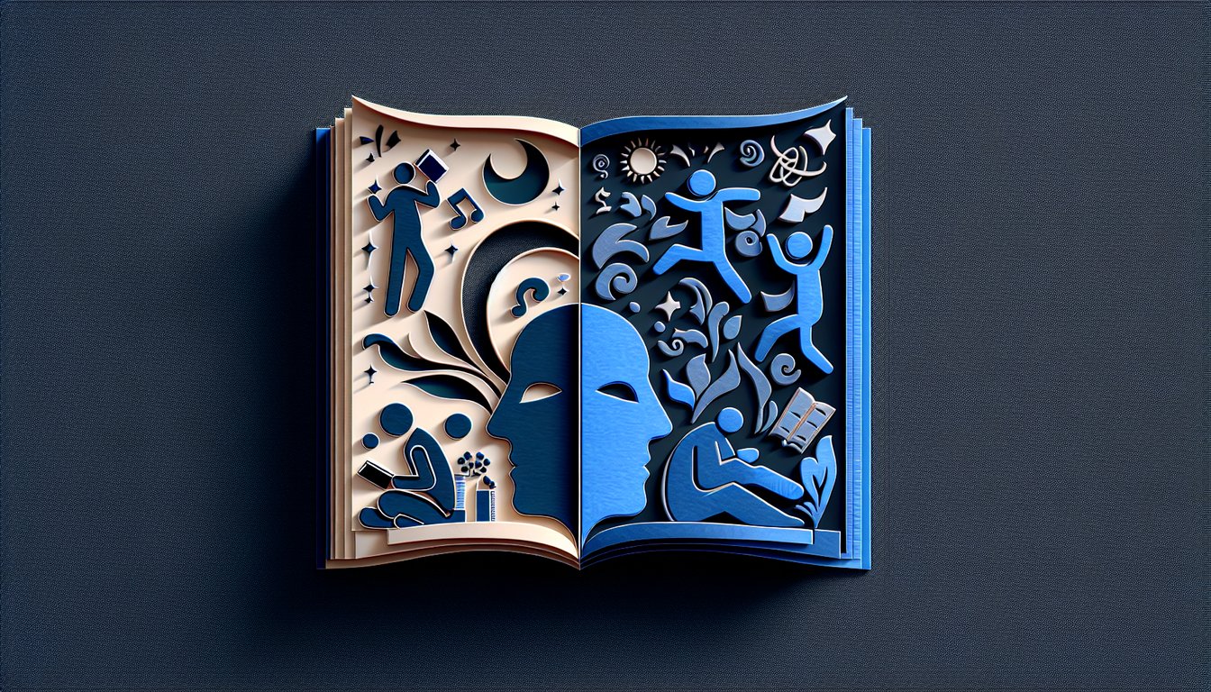 Paper art illustration for a personality test determining introvert, extrovert, or ambivert on dark blue background.