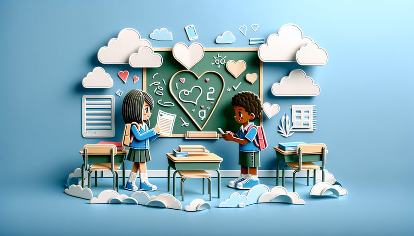 Paper art illustration for a quiz on deciphering middle school crushs feelings through text on sky blue background.