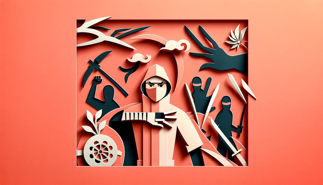paper art ninja mask and kunai with clan symbols on coral background for Naruto clan quiz