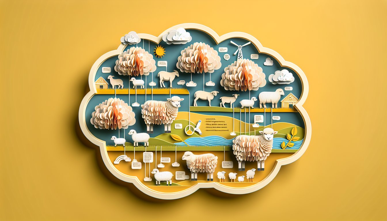 Paper art illustration for Sheep Trivia Quiz on golden yellow background