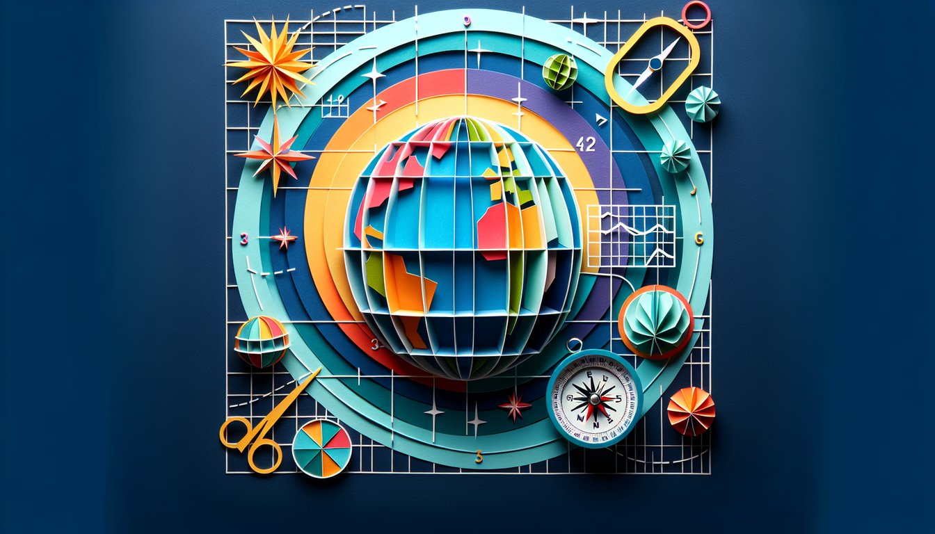 Colorful paper art representing a Latitude and Longitude Lab geography quiz for middle school students.