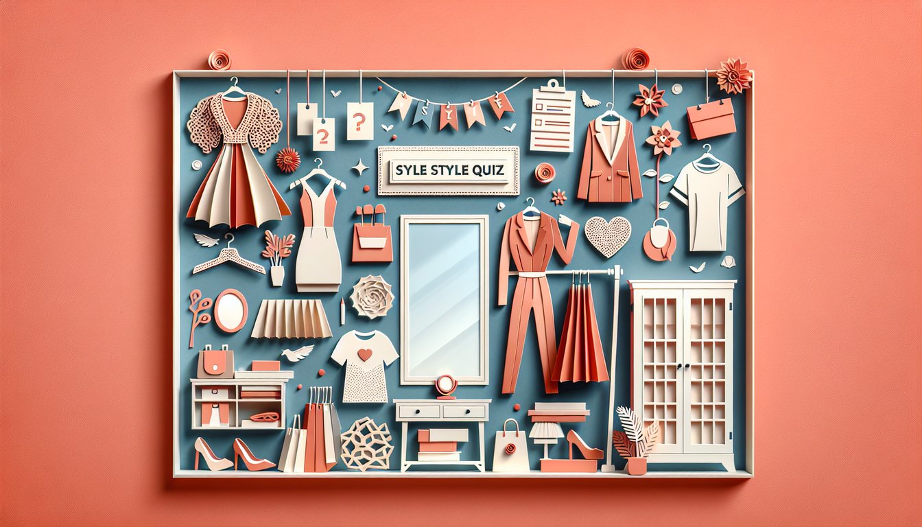 Paper art illustration shows clothing items including dress heels hat sunglasses on coral background for fashion style quiz