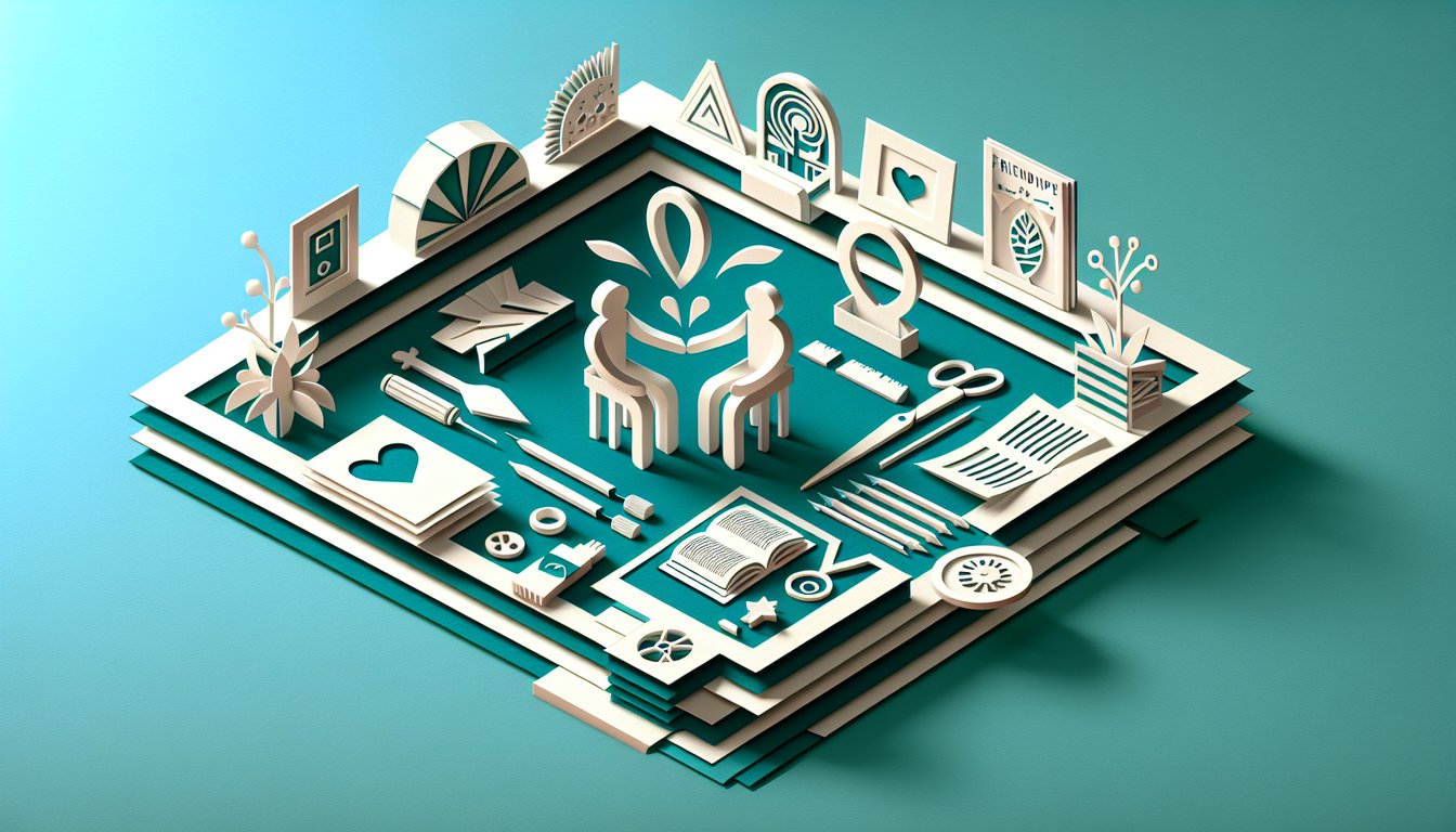 Paper art illustration for a Best Friend Quiz on a teal background