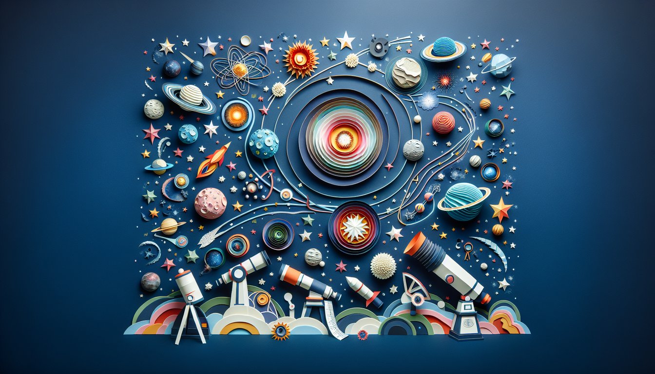 Colorful paper art depicting planets, stars, and a rocket for Basic Astronomy Knowledge Quiz