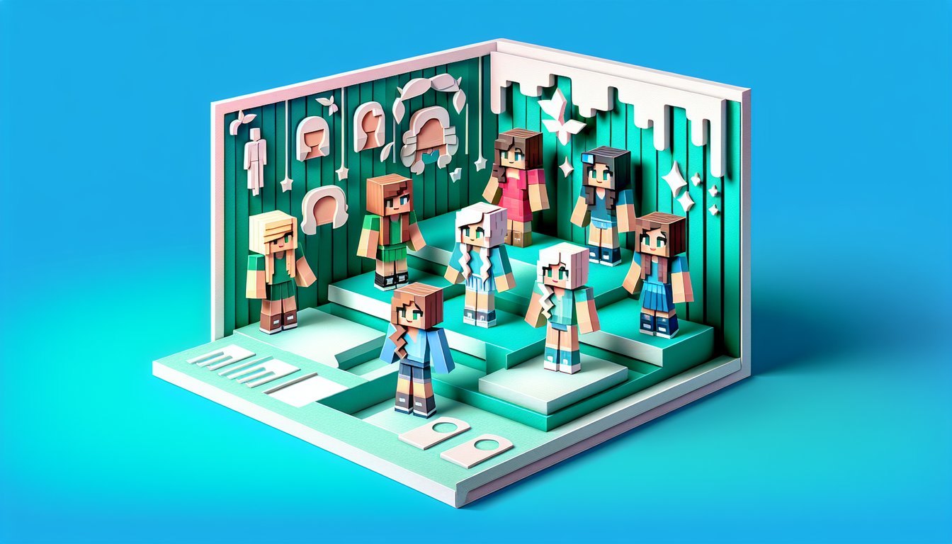 Paper art illustration of cute Minecraft girl character with pastel colors and pixel hearts on teal background quiz banner