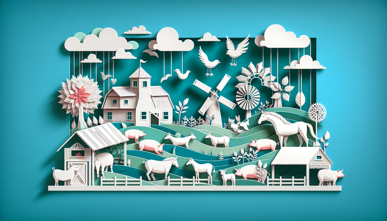 Paper art illustration of farm animals and quiz interface for Animal Farm Chapter 3 questions and answers on teal background