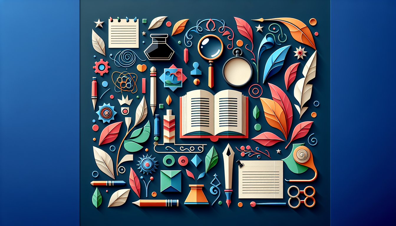 Colorful paper art depicting elements related to a Poetry Comprehension Quiz.