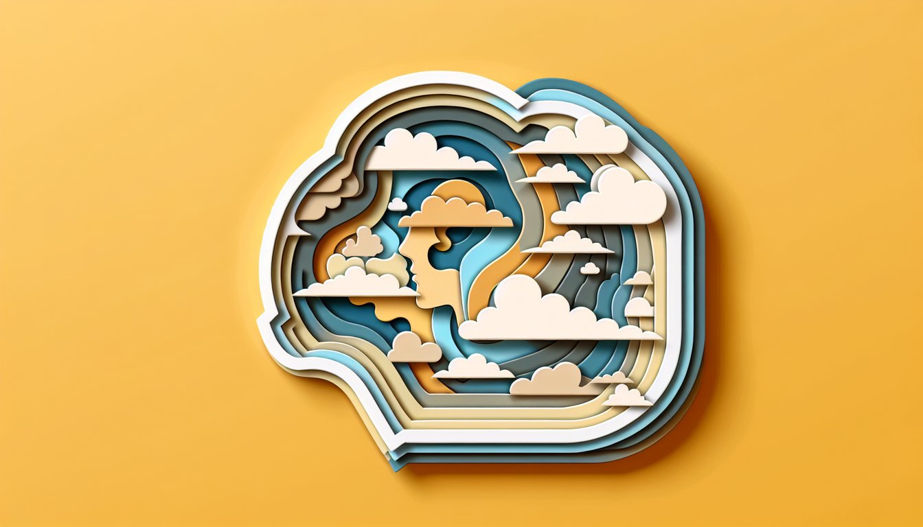 Paper art illustration promoting a mental health quiz for relationships on a golden yellow background