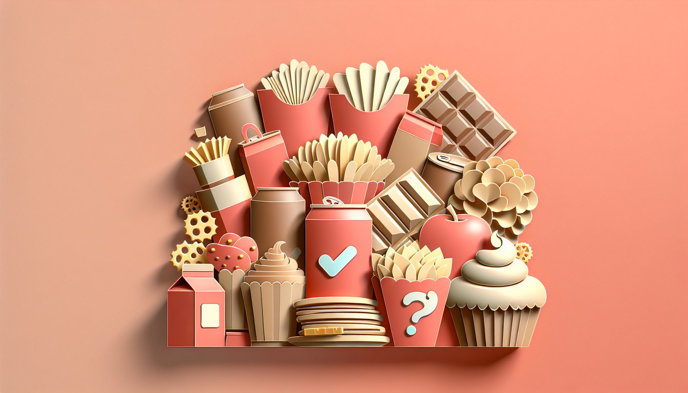 Paper art illustration for junk food trivia quiz on a coral background