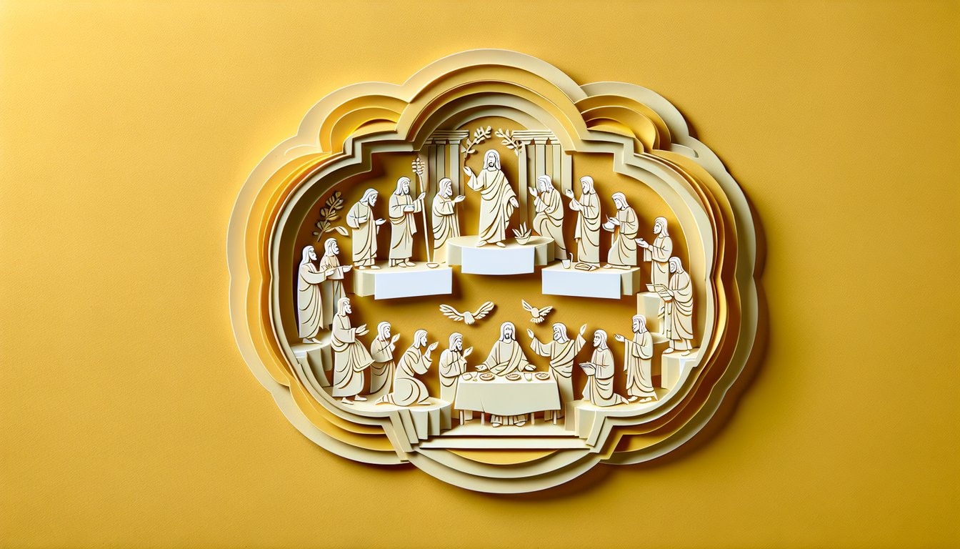 paper art style illustration for Jesus quiz featuring life teachings miracles on golden yellow background