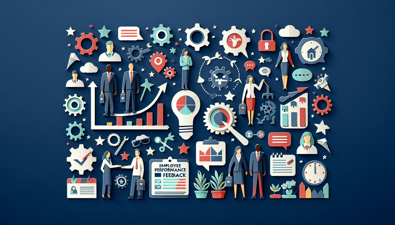 Colorful paper art illustrating a quiz on Employee Performance and Feedback