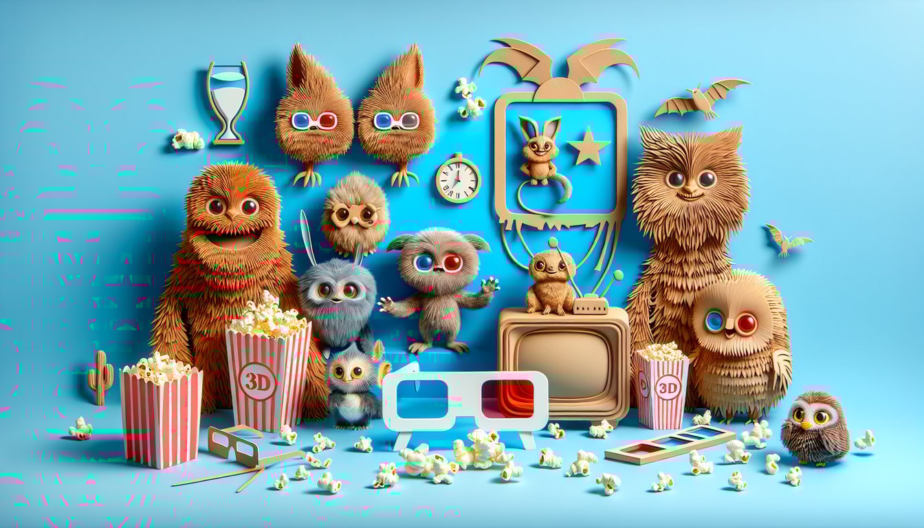 Paper art style Gizmo and Mogwai with quiz question marks and film reels on a sky blue background.