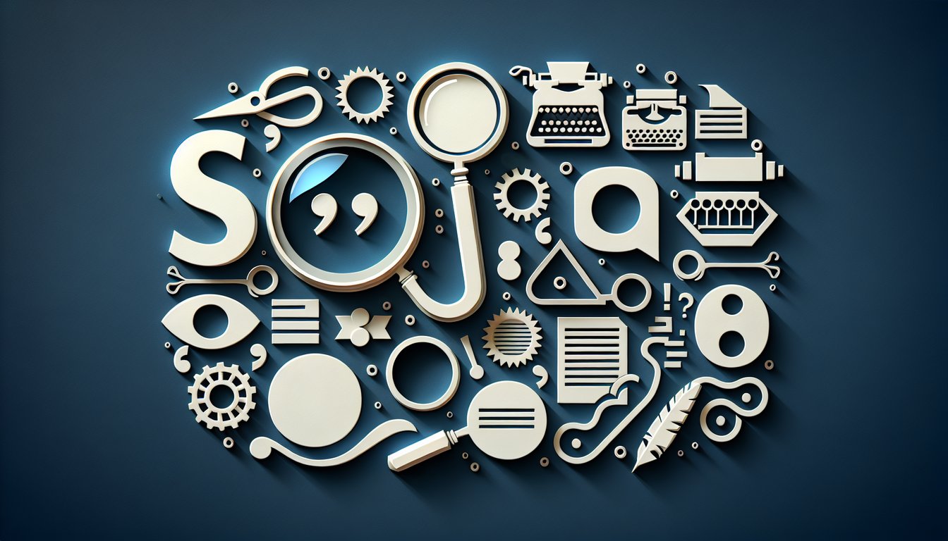 Paper art style illustration of grammar elements and question marks on dark blue background for misplaced modifiers quiz