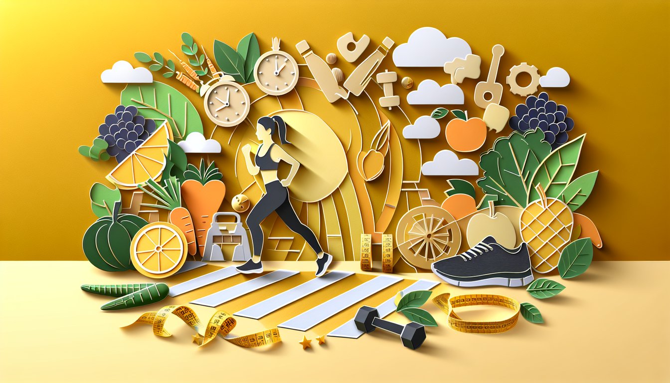 Paper art illustration for weight loss quiz on a golden yellow background