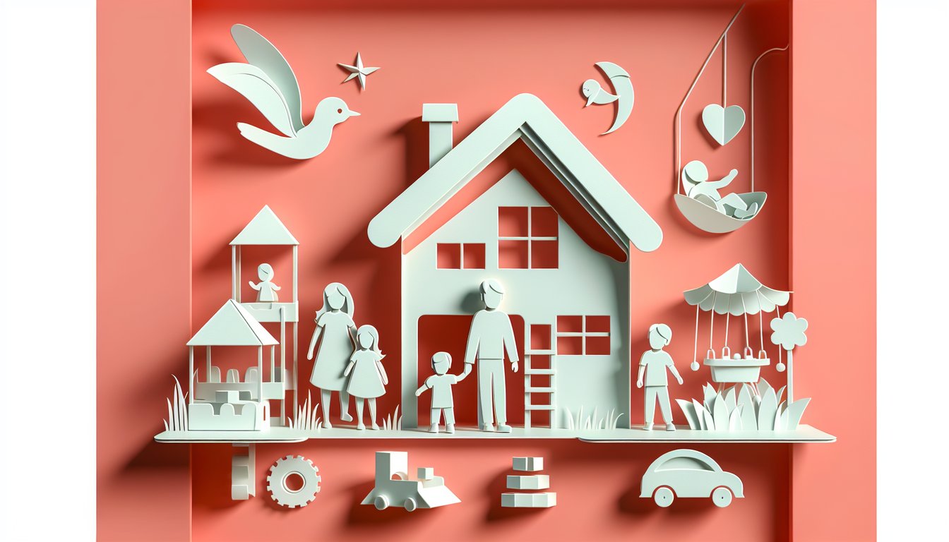 Paper art cutout toddler boy and girl silhouettes plus baby icons and question marks on coral background