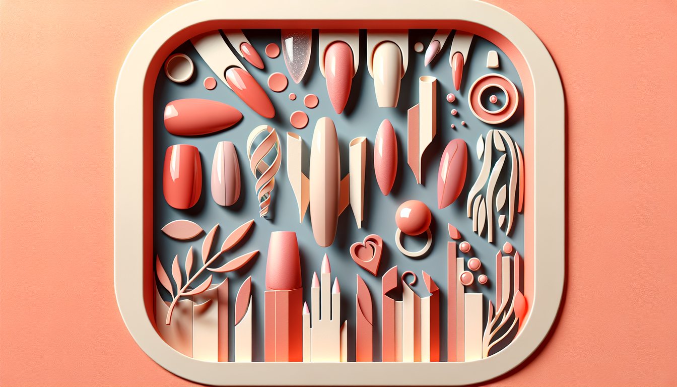 Paper art illustration for a nail shape personality quiz on a coral background.