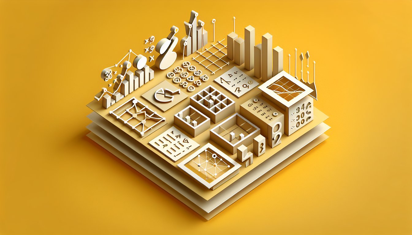 Colorful paper art illustrating math symbols a quiz about chi square test questions on a golden yellow background