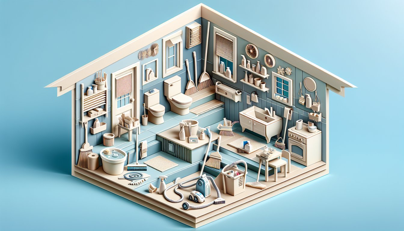 Paper cut art illustration showing cleaning tools and sparkling home icons on sky blue background for home cleanliness quiz
