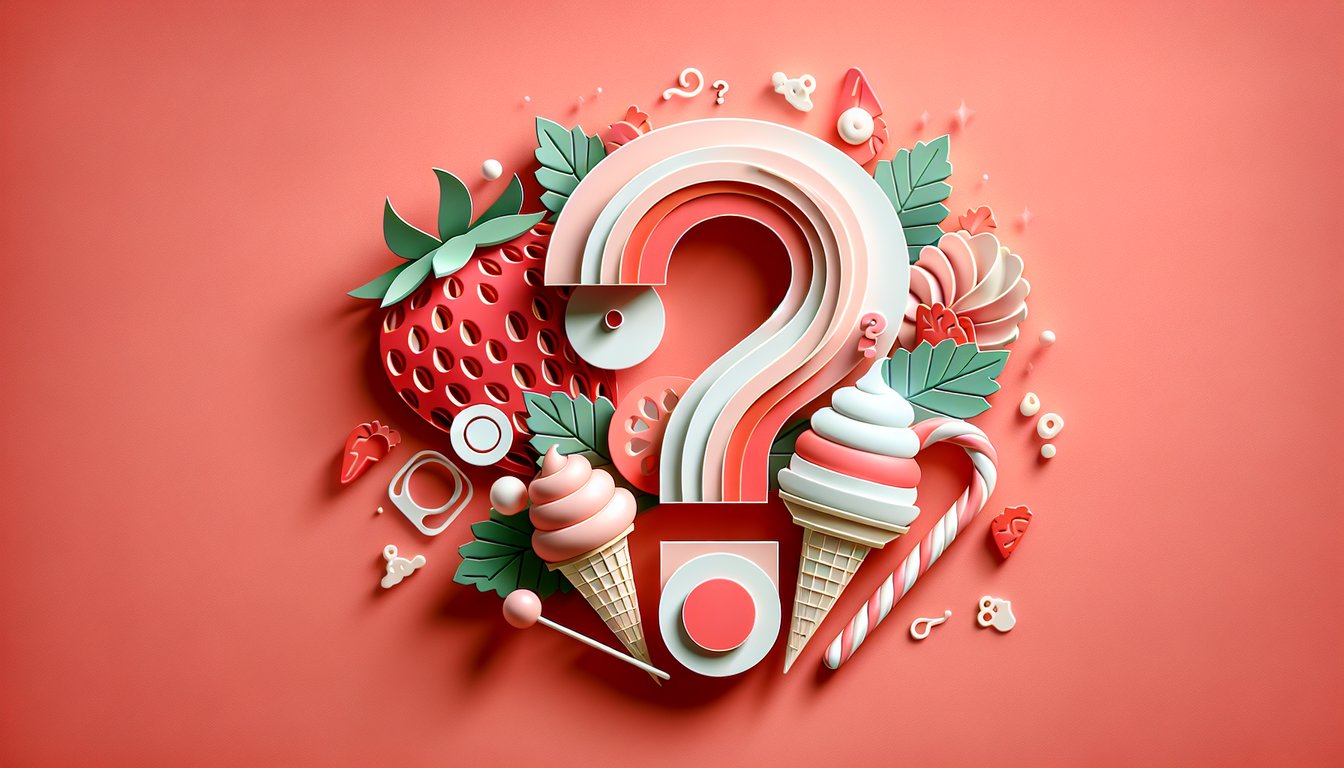 Paper art illustration strawberry ice cream scoop, quiz title on coral background