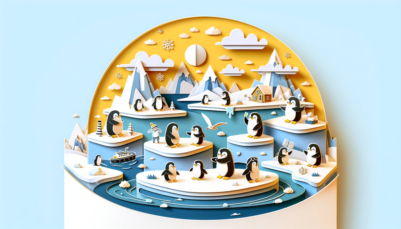 Paper art illustration for Club Penguin character quiz on a golden yellow background
