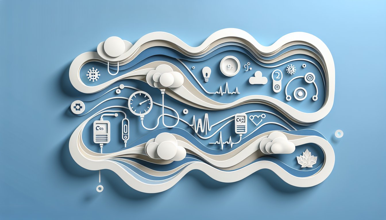 Paper art depiction of a transcutaneous CO2 sensor on skin, quiz graphics and monitoring graphs on sky blue background