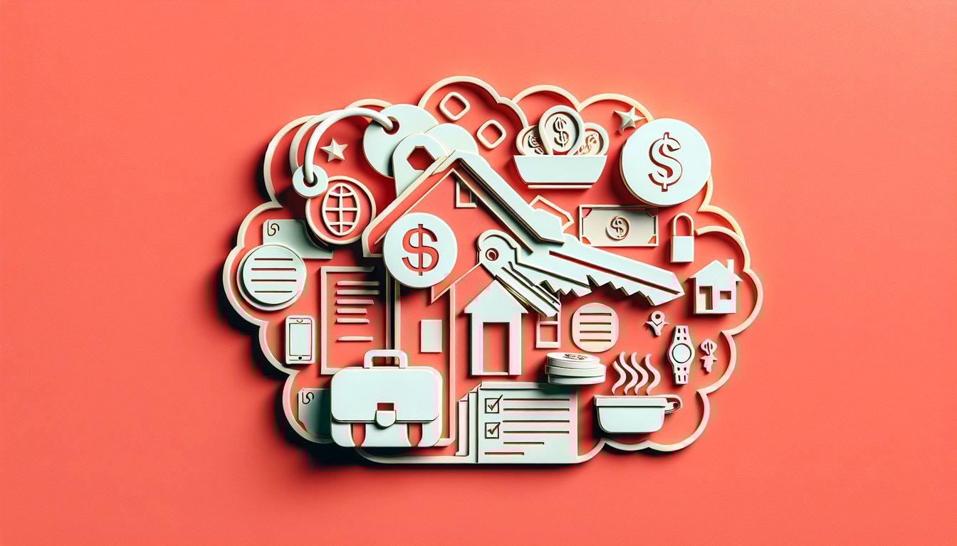 Paper cut collage with house keys planner checklist piggy bank moving boxes and laptop on coral background