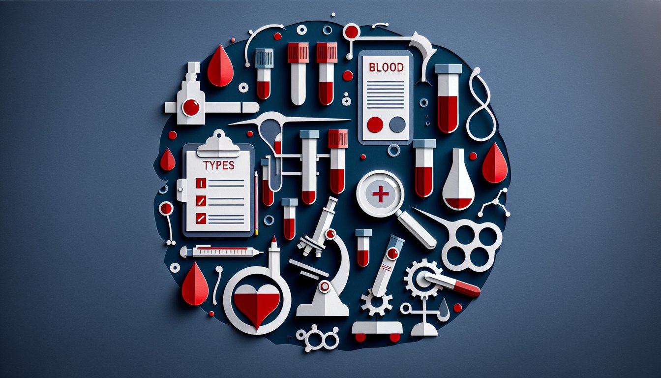 Colorful paper art promoting The Blood Type Challenge quiz for high school biology students.