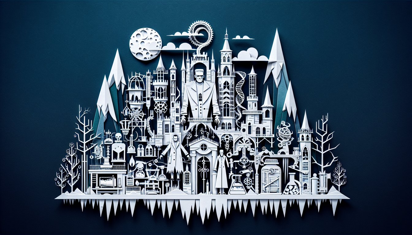 Paper art representing trivia quiz for high school students about Mary Shelleys Frankenstein